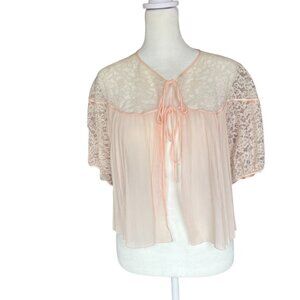 Vintage 1950s Pink Lace Bedtime Jacket from Barbizon Ariel w/ Pleating and Bows